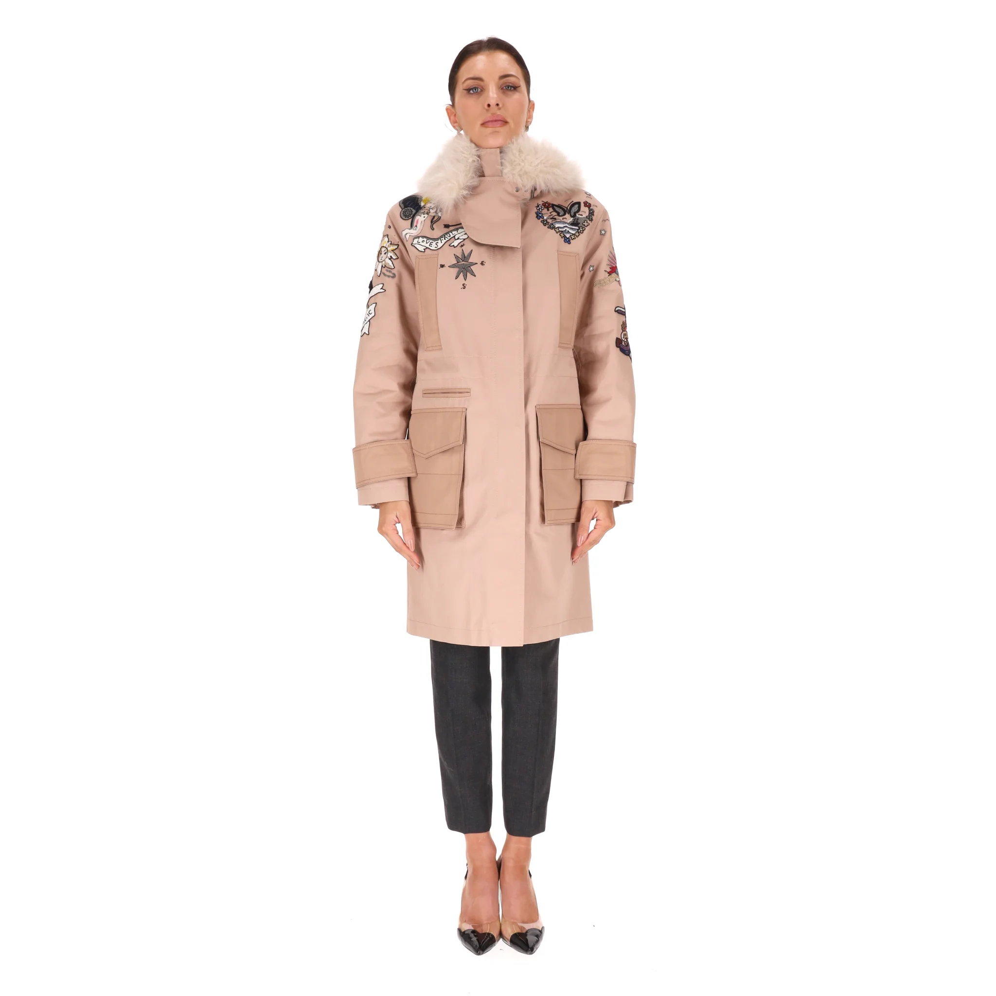 Valentino Tattoo Bead-Embroidered Fur Trimmed Parka Coat. Size 38IT - Image 2