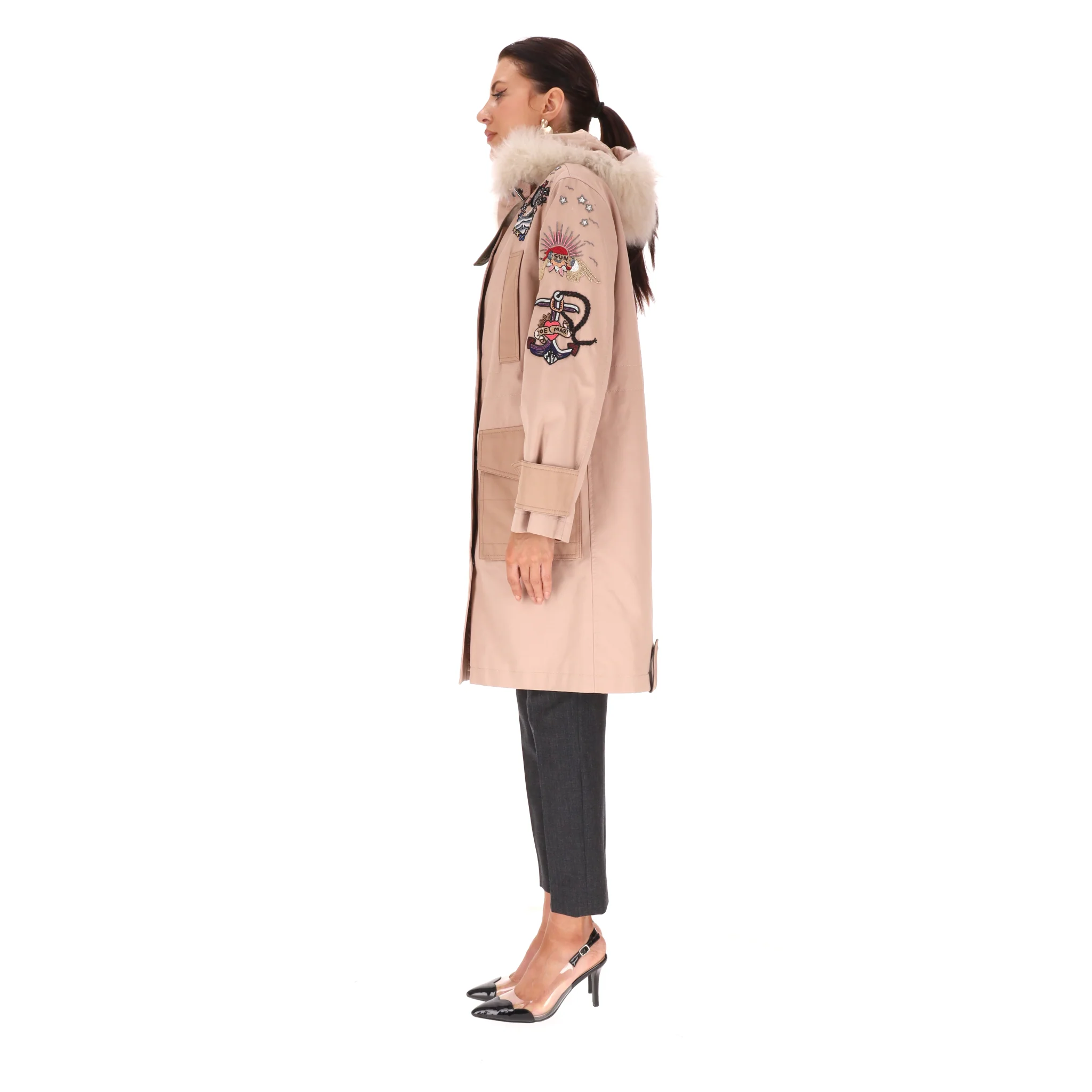 Valentino Tattoo Bead-Embroidered Fur Trimmed Parka Coat. Size 38IT - Image 5