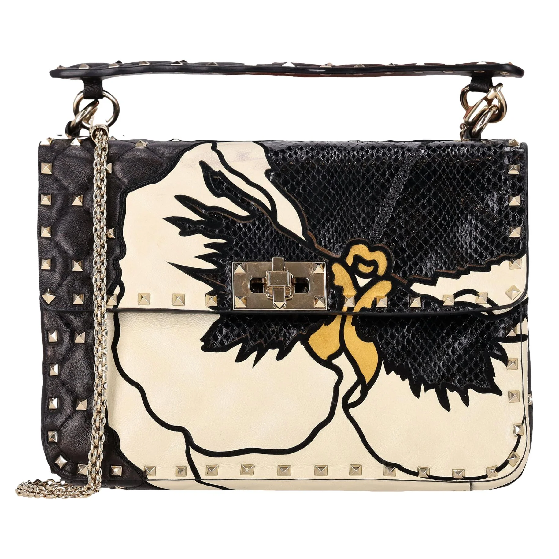 Valentino Garavani Rockstud Leather & Snakeskin Trimmed Floral Applique Bag