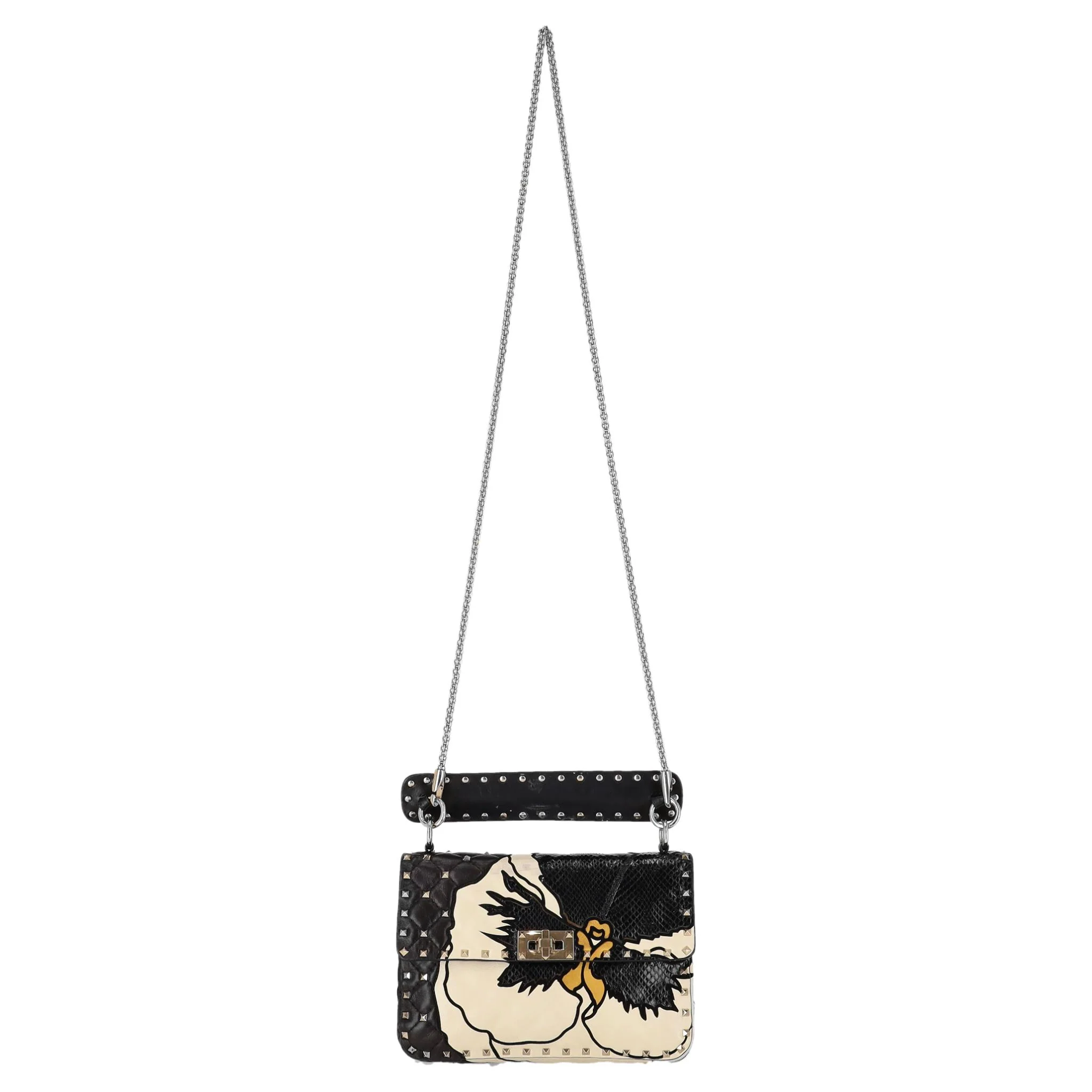 Valentino Garavani Rockstud Leather & Snakeskin Trimmed Floral Applique Bag - Image 2