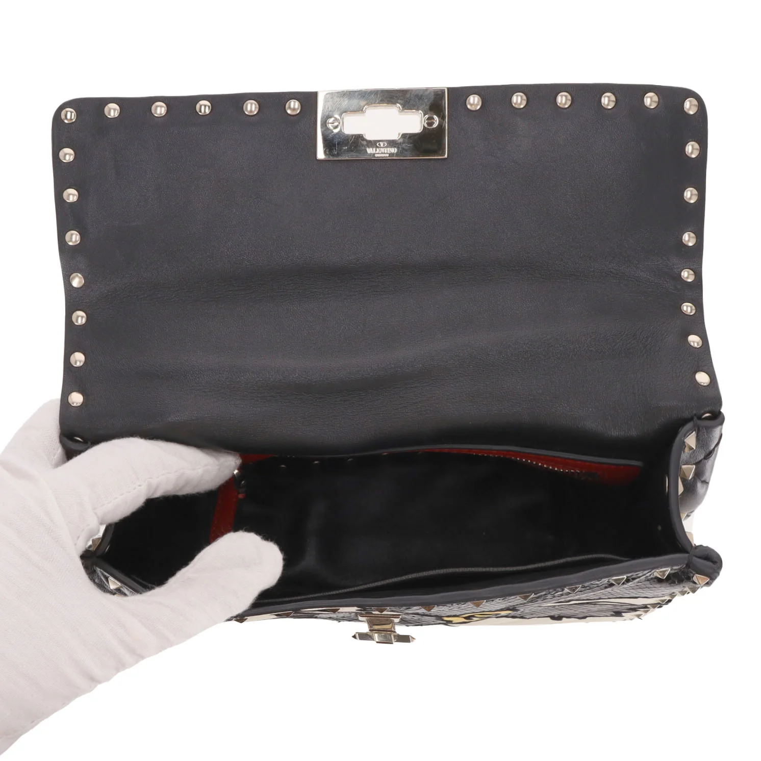 Valentino Garavani Rockstud Leather & Snakeskin Trimmed Floral Applique Bag - Image 6