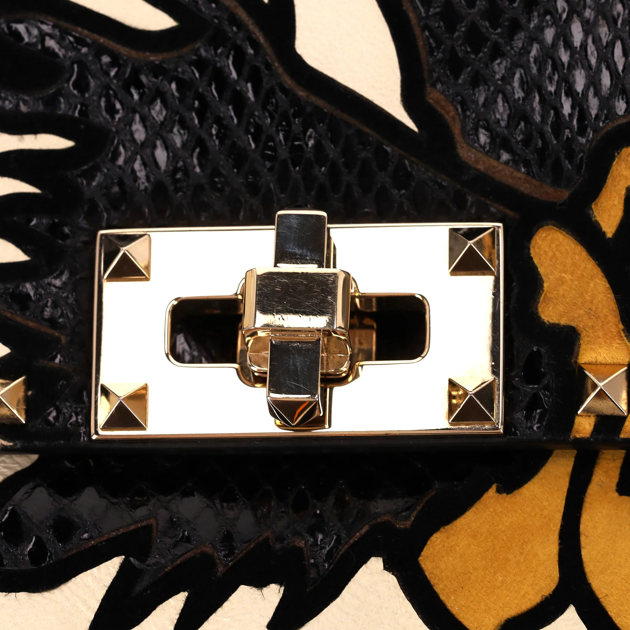 Valentino Garavani Rockstud Leather & Snakeskin Trimmed Floral Applique Bag - Image 7