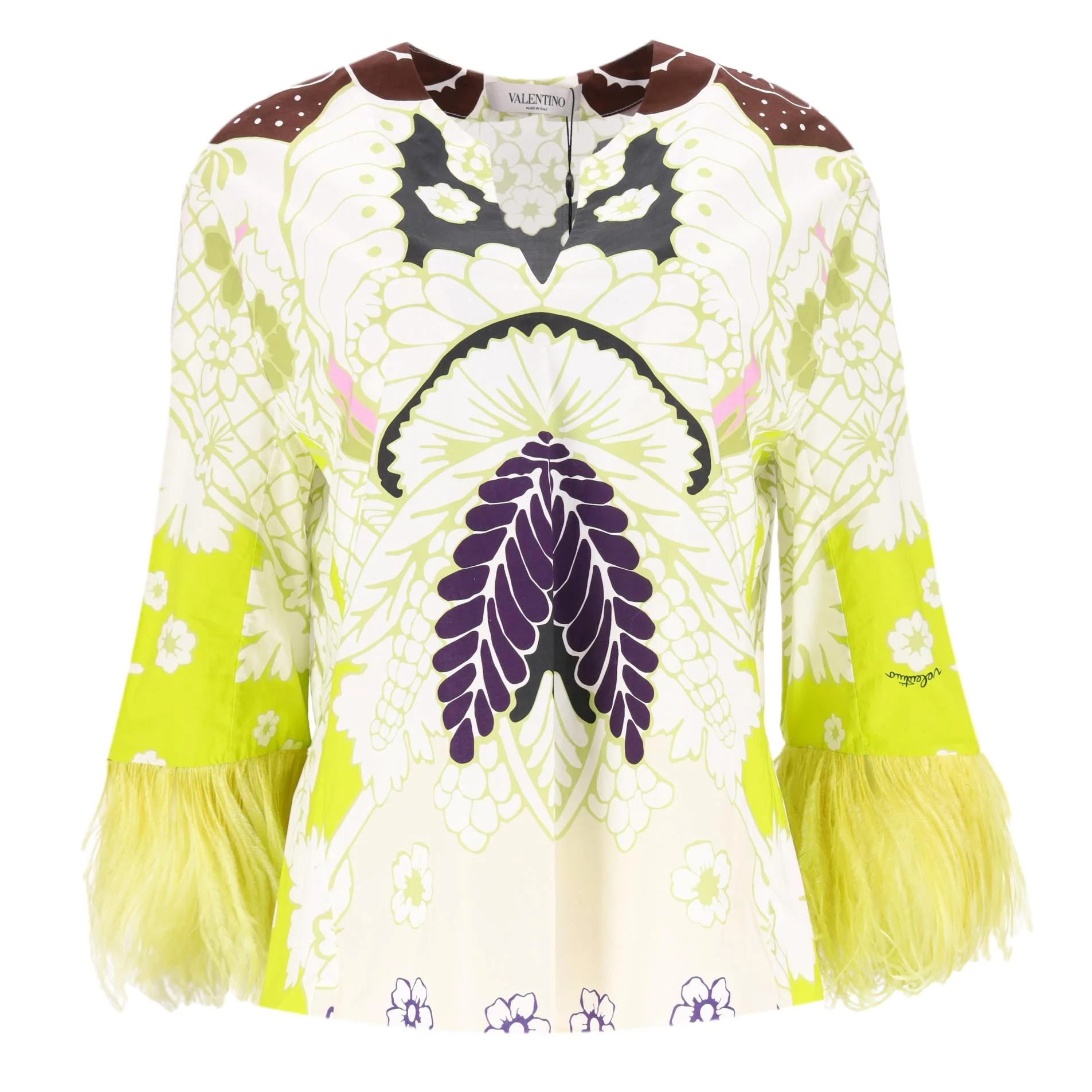 Valentino Printed Cotton Top With Feather Trimmed Sleeves. Size 38IT