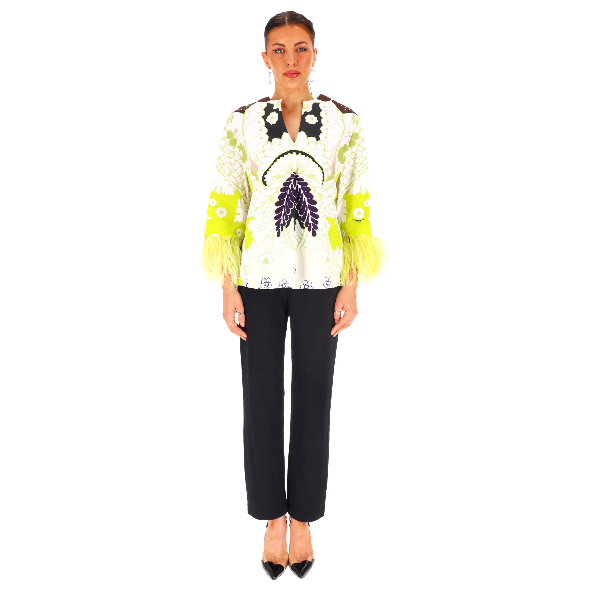 Valentino Printed Cotton Top With Feather Trimmed Sleeves. Size 38IT - Image 2