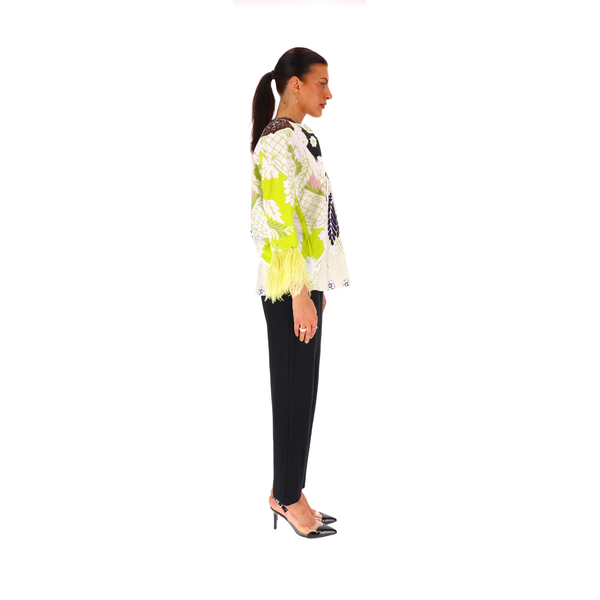 Valentino Printed Cotton Top With Feather Trimmed Sleeves. Size 38IT - Image 3