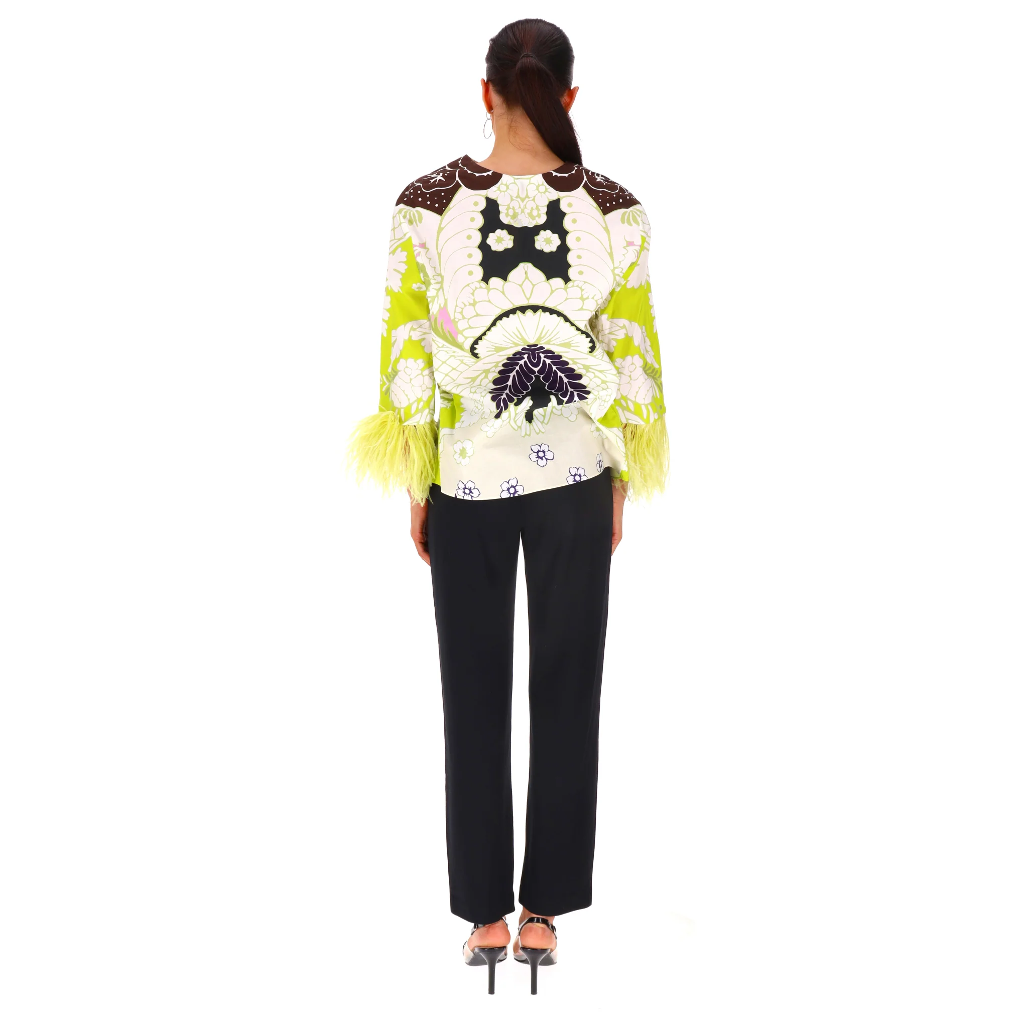 Valentino Printed Cotton Top With Feather Trimmed Sleeves. Size 38IT - Image 4