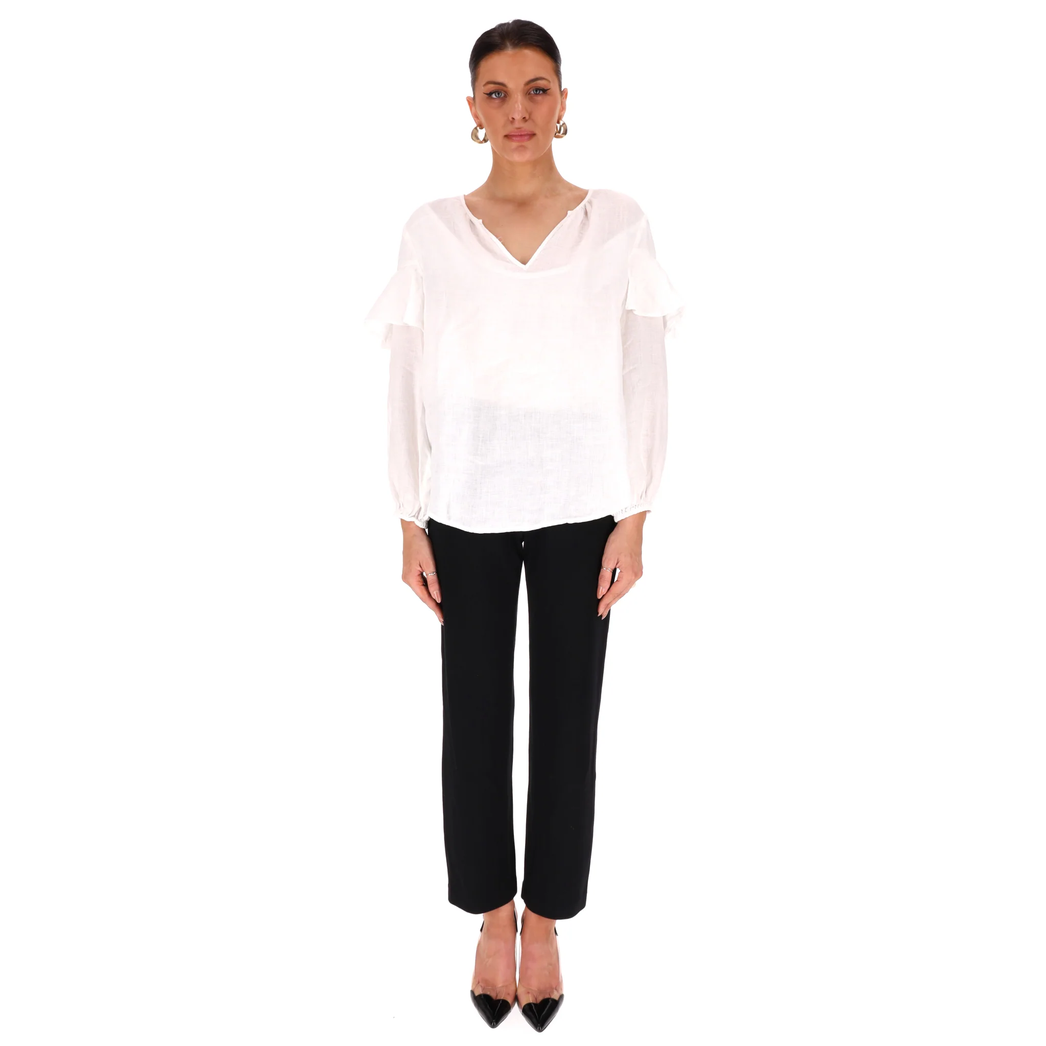 Velvet Linen Ruffle Shirt. Size S - Image 2