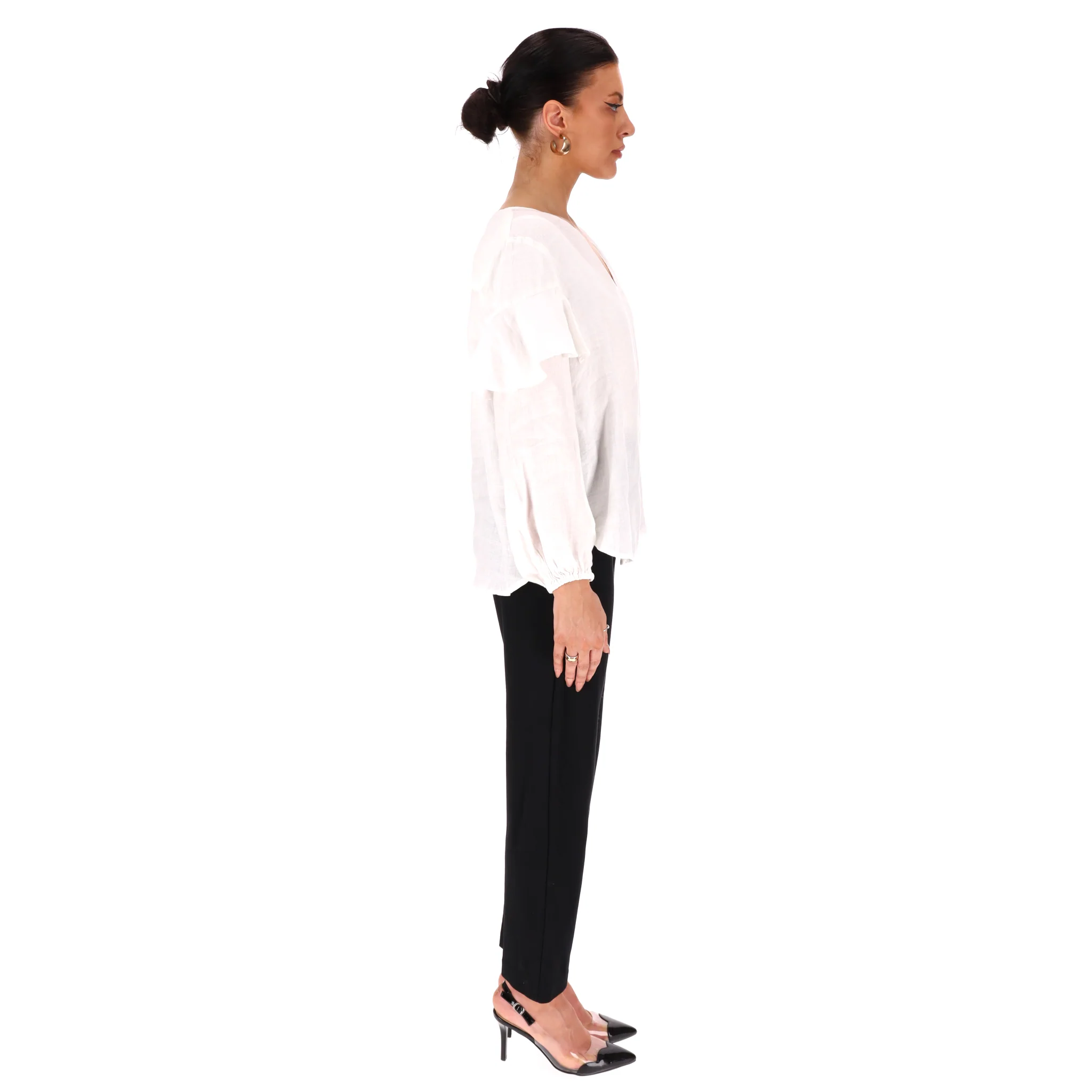 Velvet Linen Ruffle Shirt. Size S - Image 3