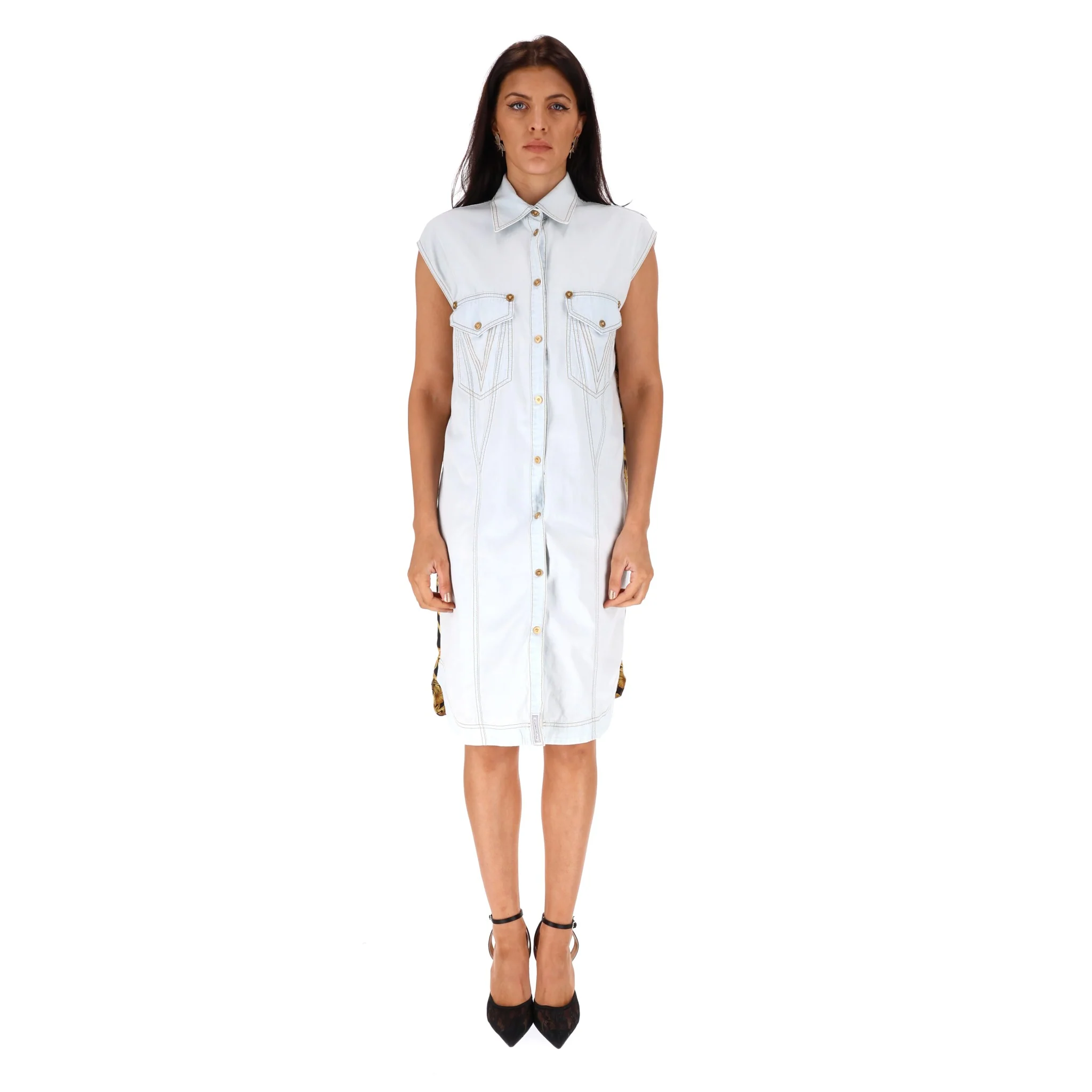 Versace Denim Dress With Silk Swirl Print. Size 42IT - Image 3