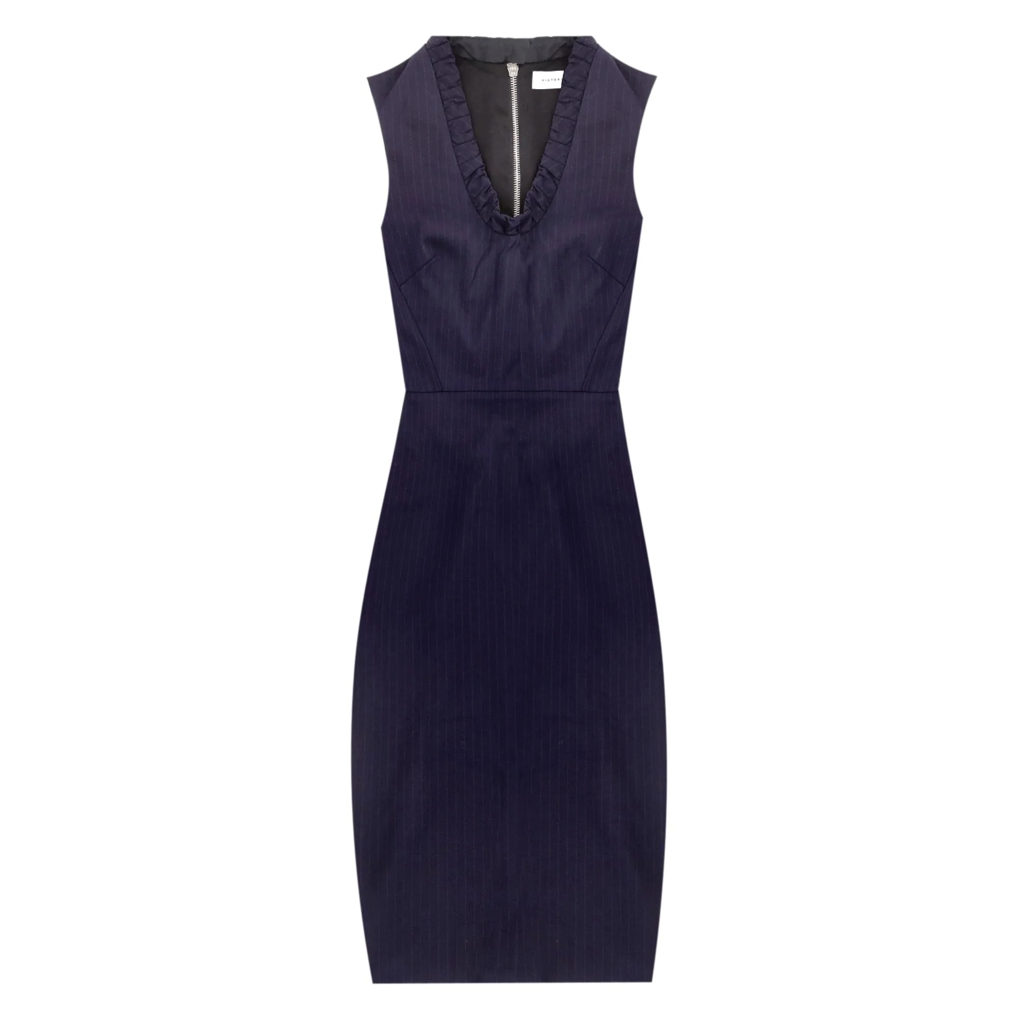 Victoria Beckham Ruffled Pinstriped Stretch-Poplin Dress. Size 10UK