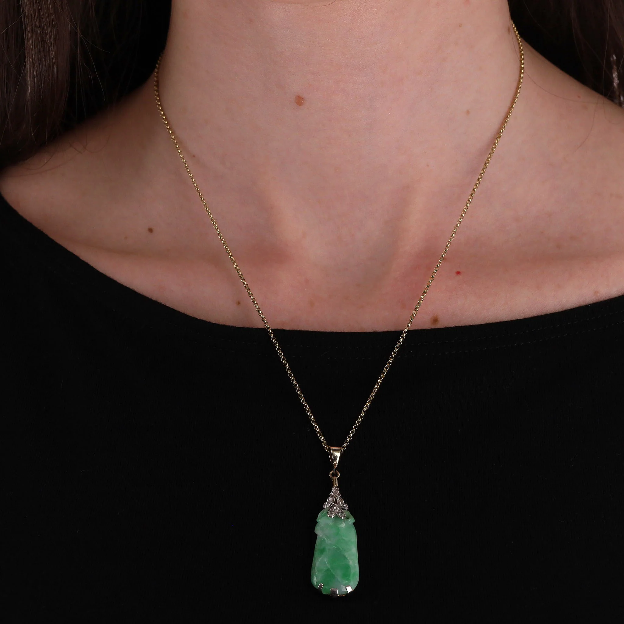 Vintage Jadeite & Diamond Platinum Pendant On A Gold Chain - Image 2