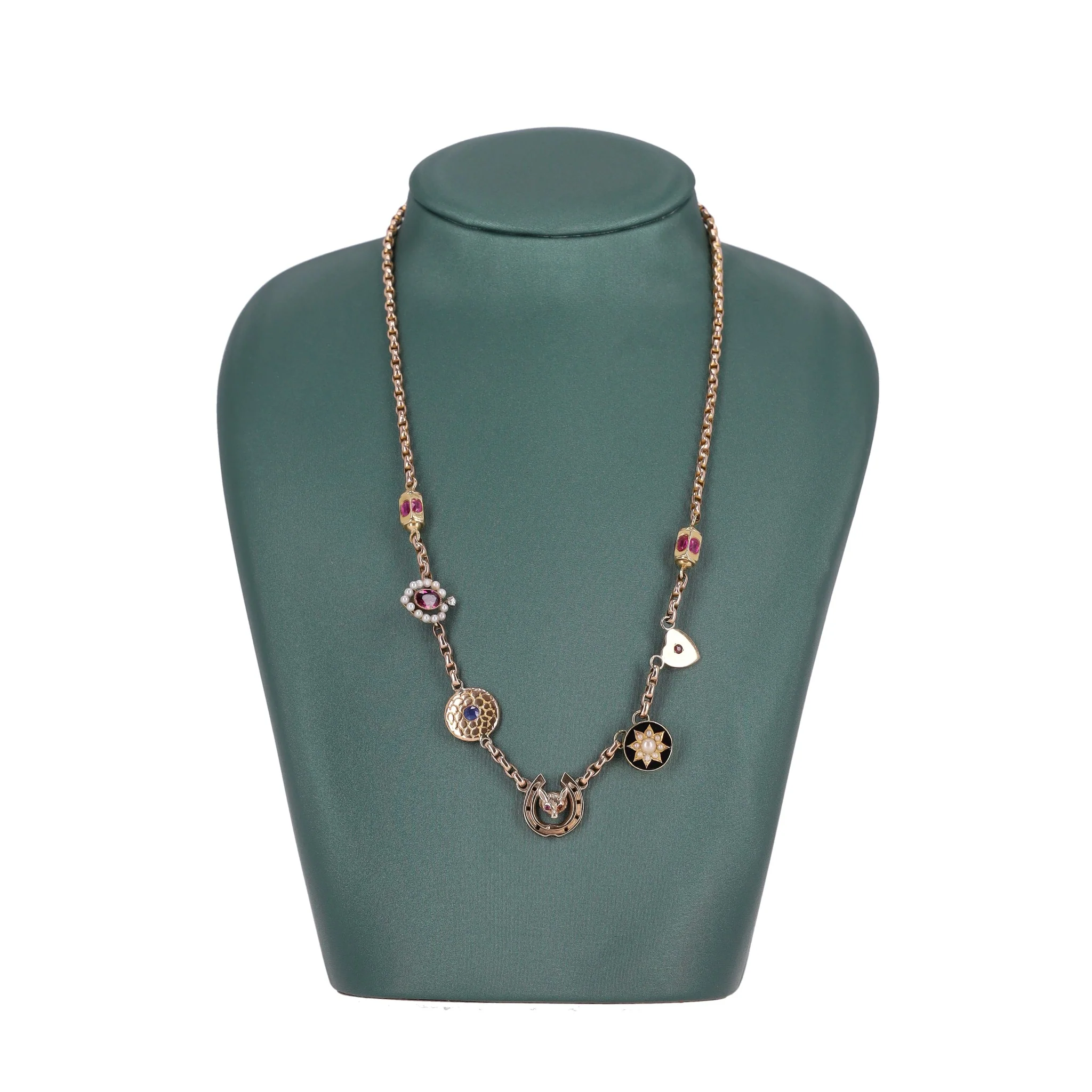 Vintage - Victorian Multi Charm Necklace 15ct Gold With Rubies, Sapphires & Pearls - Image 3